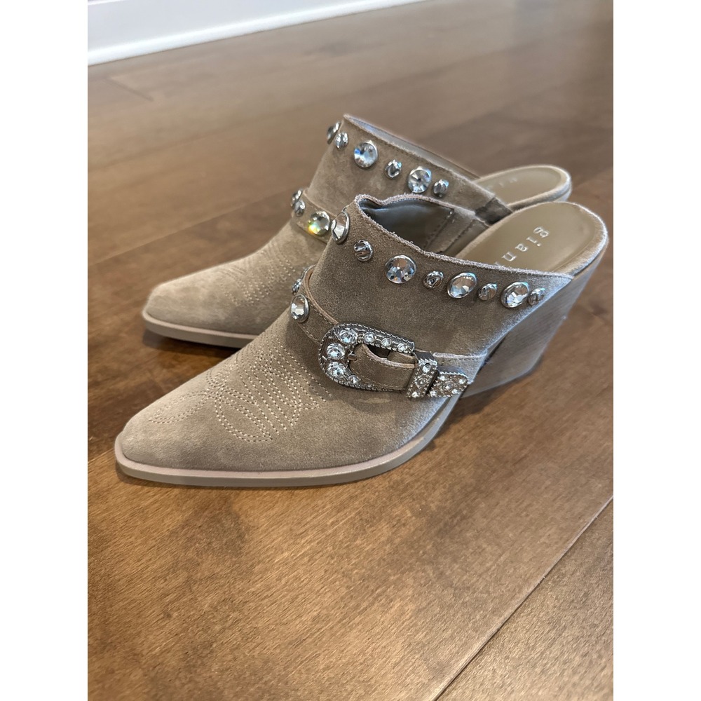 Gianni Bini Taupe Suede Rhinestone Studded Western Mules Size 8.5 M Haleigh